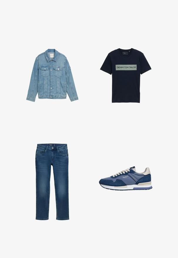 Lyseblå denimjakke med klassisk krave, frontlukning med knapper, to brystlommer og syet detaljer. Lange ærmer med knapmanchetter.; Mørkeblå kortærmet T-shirt lavet af bomuld. Har et lysegrå rektangulært grafik med teksten "DENIM TOM TAILOR" i midten.; Herre lige ben jeans i mørkeblå denim med et klassisk fem-lommer design, diskrete slidmærker og knaplukning.; Mørkeblå og beige sneaker med hvide snørebånd, ruskind- og stofpaneler, mærket "Pepe Jeans London" og hvid sål med mønstret bund.
