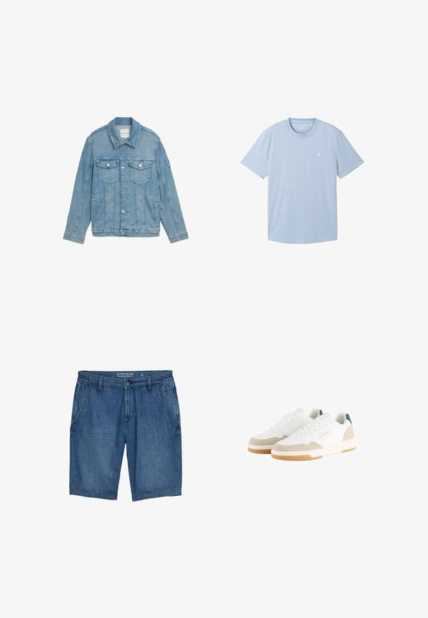 Hellblaue Jeansjacke mit klassischem Kragen, Frontknopfverschluss, zwei Brusttaschen und genähten Details. Lange Ärmel mit Knopfmanschetten.; Hellblaues T-Shirt mit kurzen Ärmeln aus weichem Stoff, mit einem runden Ausschnitt und einem kleinen Logo auf der linken Brustseite. Einfache Textur.; Jeansshorts in einem mittleren Blauton, mit geradem Schnitt, elastischem Bund, zwei Fronttaschen und gestickten Details.; Weiße Sneakers mit einem strukturierten Mesh-Obermaterial, beigen Wildlederelementen und einer gepolsterten Sohle. Mit Schnürverschluss und einem blauen Logodetail.