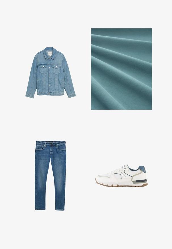Lyseblå denimjakke med klassisk krave, frontlukning med knapper, to brystlommer og syet detaljer. Lange ærmer med knapmanchetter.; Turkis stof med en glat, blød tekstur, der viser bløde folder og et ensartet strikkemønster gennem hele overfladen.; Blå denim jeans med lige ben, fem-lomme design, subtil vask på lårene, og en waistband label der angiver størrelse 31/32.; Hvid og grå atletisk sneaker med blå detaljer, mesh-stof og en brun sål, mærket med "Tom Tailor" på siden.