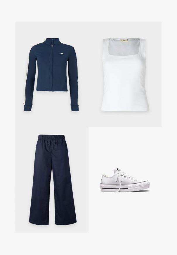 Tumedat zip-up jakk, valmistatud siledast ja venivast kangast; peal on valged triibud varrukatel ja rinnal väike logo.; Valge ruudukujulise kaelusega tank top, mis on valmistatud siledast kangast. Omab laiad rihmad ja istuvat siluetti. Pole nähtavaid mustreid ega kaunistusi.; Tumed sinised laiad püksid, millel on elastne vöökoht, sile tekstuur ning ilma nähtavate kinnituste või taskuteta.; Madala valge lõuendist madala lõikega toss, millel on valged nöörid, kummist tallad, mustad triibud ja logoembleem keelel ning kandjal.