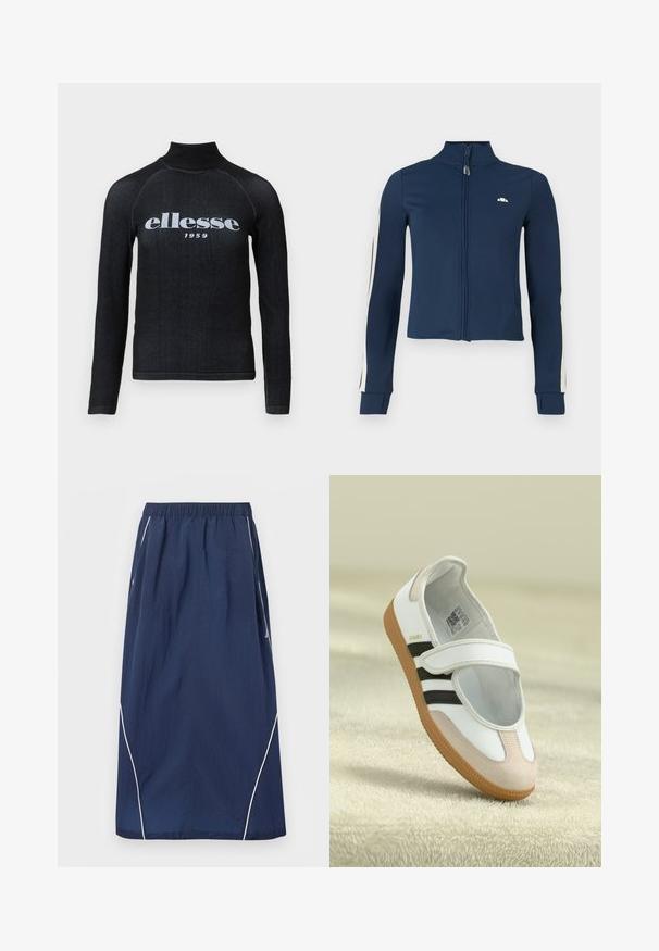 Marineblå zip-up jakke lavet af glat, strækbart stof; har hvide striber langs ærmerne og et lille logo på brystet.; Sorte langærmet top med høj krave, udstyret med et hvidt trykt "ellesse 1959" logo over brystet; glat, strækbart stof.; Marineblå langt nederdel med elastisk taljebånd og hvide kantninger langs siderne og bundkanterne.; Hvid sko med en lyserød ruskindforfod, sorte striber og en velcrorem. Har en lys gummi sål og et logo på siden.