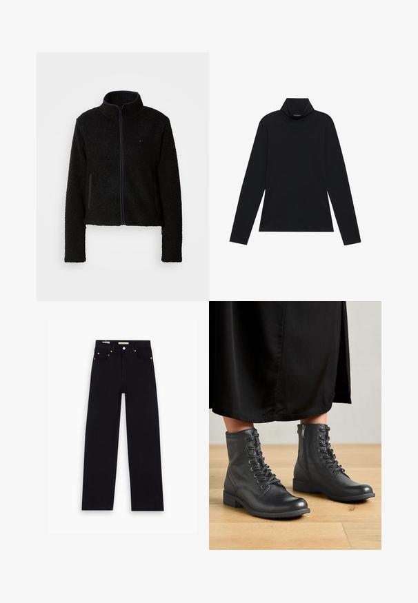 Sort fleece jakke med høj krave og fuld lynlås, med to sidelommer og en struktureret stof, ideel til varme.; Sort turtleneck med lange ærmer. Blødt stof, tætsiddende design, høj krave og sidesøm. Simpel og alsidig stil, der er velegnet til lag-på-lag.; Sorte denim jeans med lige pasform, fem lommer, kobberdetaljer og en glat tekstur. To mærker synlige på taljebåndet.; Sorte læder ankelstøvler med rund tå, udstyret med snørebånd og lynlås på siden, placeret på et trægulv og sort tøj.