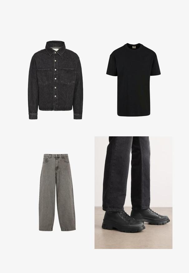 Čierna denimová bunda s golierom, predným počtom gombíkov, dvoma náprsnými vreckami a dlhými rukávmi. Má textúrovaný povrch.; Urban Classics SHORTSLEEVE - Základné tričko - black; Sivé džínsové nohavice s vysokým pásom, širokými nohavicami, klasickým päťvreckovým dizajnom a zapínaním na gombík vpredu. Mierne štruktúrovaný povrch.; Čierne šnurovacie tenisky s masívnou, struktúrovanou podrážkou a hladkým vrchným dielom. Obsahujú kovové očká a ryhovaný detail okolo prstovej časti.