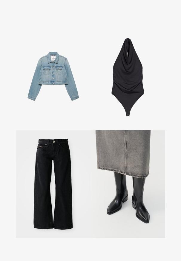 Hellblaue, kurz geschnittene Jeansjacke mit Knopfleiste, zwei Brustklappen and langen Ärmeln, flach liegend auf weißem Hintergrund.; Schwarzes ärmelloses Bodysuit mit hohem Neckholder und Druckknopfverschluss im Schritt, flach auf weißem Hintergrund präsentiert.; Schwarze hochtaillierte Jeans mit weitem Bein, Vorderknopf, Gürtelschlaufen, Vorder- und Gesäßtaschen sowie einem kleinen Logo auf der rechten Vordertasche.; Schwarze Leder-Cowboystiefel mit spitzem Fuß und klobigem Absatz, die ein glattes Finish und ein elegantes Design aufweisen, kombiniert mit einem grauen Rock.