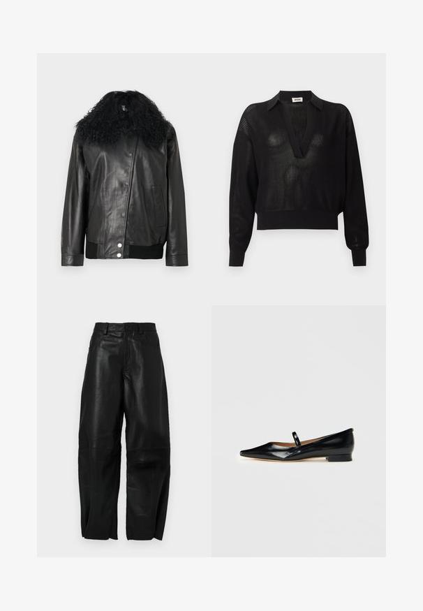 Black leather jacket with a curly black fur collar, ribbed cuffs and hem, diagonal zip closure, and a side pocket. Smooth texture.; Black long-sleeve knit sweater with deep V-neck collar and ribbed cuffs and hem, featuring a semi-sheer mesh texture throughout.; Black leather pants with a loose fit, featuring a straight leg design, front pockets, and visible stitching details.; Black patent leather pointed-toe Mary Jane flat shoe with a single strap and low heel on plain background.