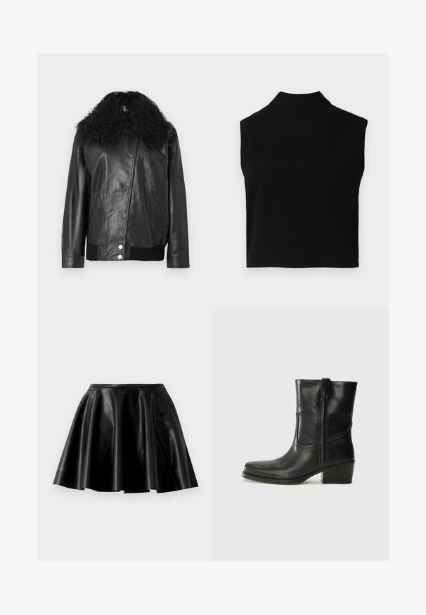 Sort læderjakke med krøllet sort pelskant, ribbede manchetter og kant, diagonalt lynlås lukning og en sidelomme. Glat tekstur.; Sort ærmeløs turtleneck-top med en tætsiddende pasform, lavet af blødt stof, med en ribbet halsudskæring og en glat overflade.; Sort læder nederdel i flare-stil med en glat tekstur, bred kant og en tætsiddende talje. Overfladen har en subtil glans og ingen synlige dekorationer.; Sort læder ankelstøvle med rundt tå, blokhæl, lynlås i siden og stikninger på vampsiden. Glat tekstur, klassisk design.