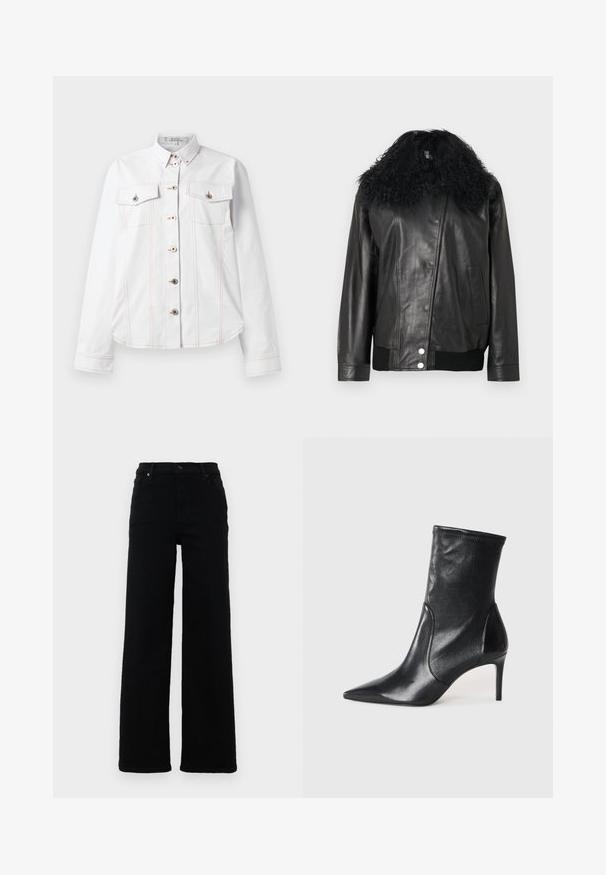 Veste en cuir noir avec un col en fourrure noire bouclée, des poignets et un ourlet côtelés, une fermeture éclair diagonale et une poche latérale. Texture lisse.; Chemise blanche à manches longues, col, deux poches poitrine, surpiqûres oranges et boutons argentés. Design épuré avec une coupe ajustée.; Jeans noirs taille haute au design droit, en denim. Caractéristiques : passants de ceinture, poches avant et détail de bouton.; Bottes noires à la cheville en cuir lisse, dotées d'un bout pointu, d'un tige ajustée et d'un talon haut fin. Design minimaliste sans quincaillerie visible.