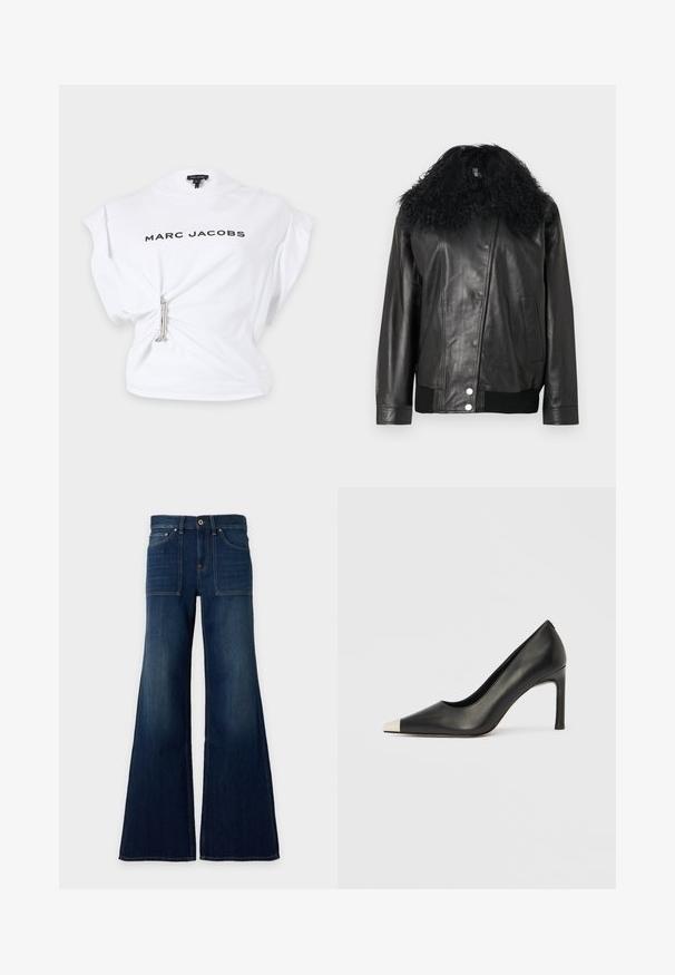 Veste en cuir noir avec un col en fourrure noire bouclée, des poignets et un ourlet côtelés, une fermeture éclair diagonale et une poche latérale. Texture lisse.; Top sans manches blanc Marc Jacobs avec texte du logo noir et détail d'épingle à nourrice argentée resserrant le tissu à la taille gauche.; Jean en denim bleu foncé à taille haute, jambes larges, poches plaquées devant et fermeture par bouton à la taille.; Chaussure à talon haut en cuir noir avec bout pointu et capuchon argenté métallique. Présente une finition lisse et un talon fin de 10 cm.