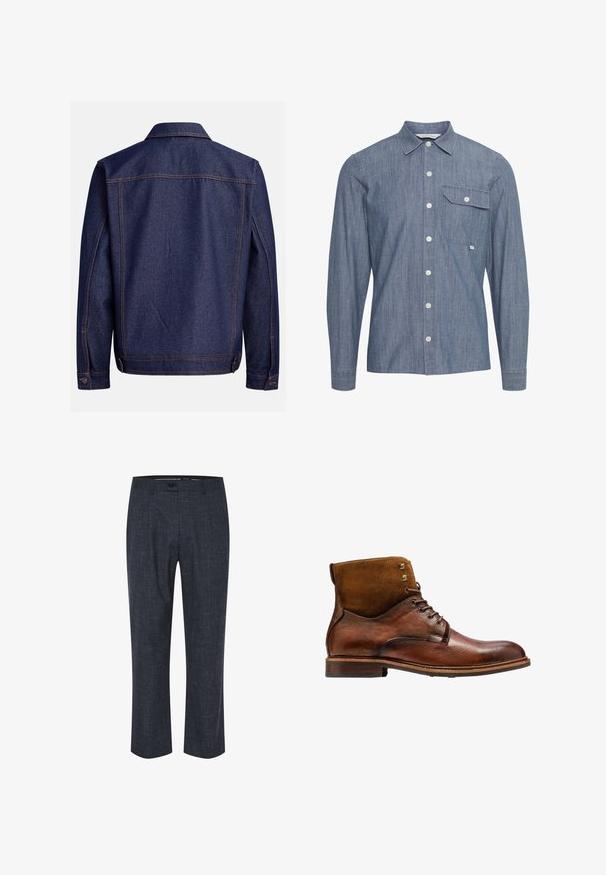 Chaqueta vaquera en azul oscuro con un corte clásico, que presenta costuras en contraste claras, un cuello y puños ajustables con botones.; Camisa de manga larga, abotonada, en tela de chambray azul claro. Cuenta con cuello, bolsillo delantero y botones blancos. Textura suave con un ajuste casual.; Pantalones azul marino fabricados en tejido texturizado, con un diseño de frente plano, cierre de botón y piernas rectas con sutiles patrones de color claro.; Kazar ALID - Botines con cordones - brown