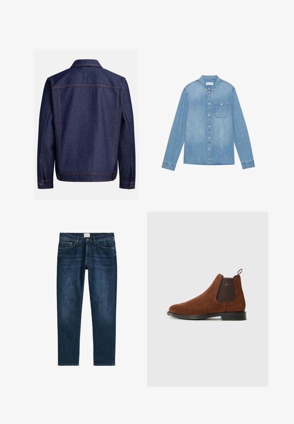 Jeansjacke in Dunkelblau mit klassischem Schnitt, mit hellen kontrastierenden Nähten, einem Kragen und verstellbaren Manschetten mit Knopfverschluss.; Hellblaues Denim-Hemd mit Knopfleiste, langen Ärmeln, spitzem Kragen, einer Brusttasche und dezentem Verblassen des Stoffes.; Dunkelblaue Denim-Jeans mit geradem Bein, fünf Taschen, Gürtelschlaufen und dezentem Verblassen. Der Stoff hat eine glatte Textur.; Braune Wildleder Chelsea-Stiefel mit elastischem Seiteneinsatz, Schlaufe hinten, schwarzer Sohle und dezentem "GANT"-Logo auf dem Seiteneinsatz.