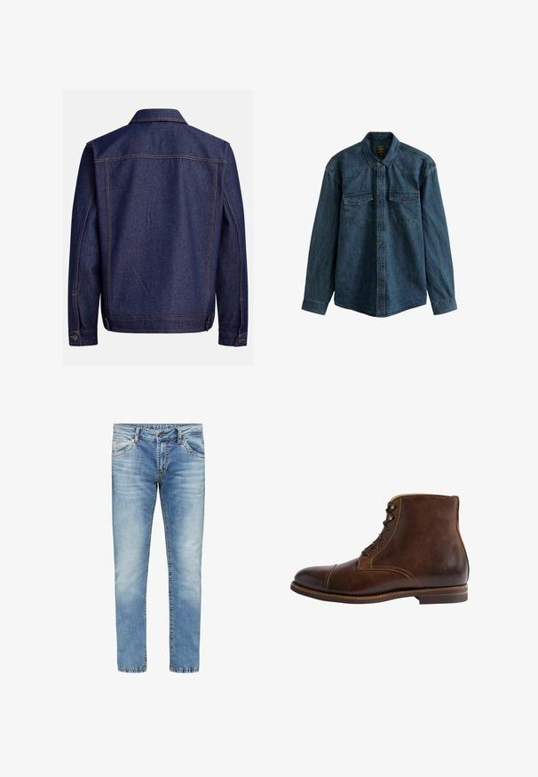 Veste en denim bleu foncé avec une coupe classique, présentant des surpiqûres contrastantes claires, un col et des poignets ajustables avec boutons.; Chemise en denim bleu foncé, avec des manches longues, un col pointu et deux poches avant avec des fermetures à bouton-pression. Tissu texturé.; Jeans en denim bleu clair avec une coupe droite, décoloration au niveau des cuisses et coutures contrastantes. Comprend cinq poches et une fermeture éclair.; Bottine en cuir brun avec un bout arrondi, un design à lacets, des coutures contrastantes et une finition lisse. Semelle plate et accents minimalistes.