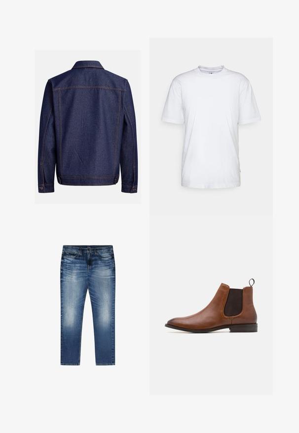 Denimjack in donkerblauw met een klassieke snit, voorzien van lichte contrasterende stiksels, een kraag en verstelbare manchetten met knoopsluiting.; Witte katoenen t-shirt met een ronde hals, korte mouwen en een rechte zoom. Heeft een klein merktag aan de linkerkant van de zijnaad.; Blauwe vervaagde denim jeans met voorzakken, riemlussen en een knoopsluiting, plat gelegd op een witte achtergrond.; Zign by Zalando LEATHER - Lage laarzen - cognac