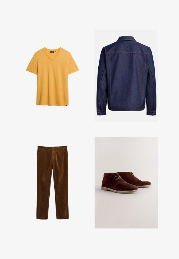 Chaqueta vaquera en azul oscuro con un corte clásico, que presenta costuras en contraste claras, un cuello y puños ajustables con botones.; Camiseta amarilla de cuello en V, hecha de una tela suave y texturizada. Mangas cortas y un corte relajado. Presenta una pequeña etiqueta de la marca en el costado inferior.; Pantalones de pana marrones con un diseño de pierna recta, que presentan un cierre frontal con botón y dos bolsillos laterales. Tela texturizada con patrón acanalado.; Botines de ante marrón con punta redondeada, cordones grises y suela de goma de color claro. Diseño sencillo con detalles de costuras.