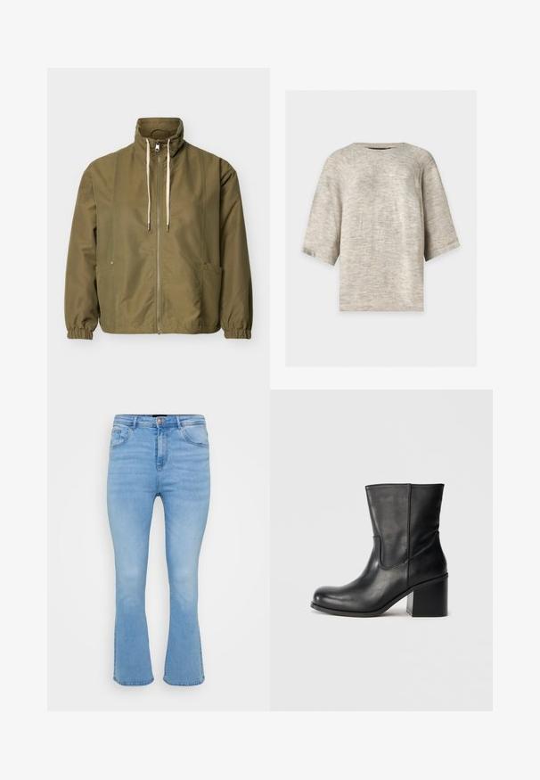 Chaqueta verde oliva con cremallera, cuello alto, cordones blancos, puños elásticos y bolsillos laterales sobre un fondo claro y liso.; Suéter tejido gris claro con mangas tres cuartos y cuello redondo sobre un fondo liso.; Jeans acampanados de color azul claro en denim de algodón. Tienen una cintura alta, cinco bolsillos y costuras visibles a lo largo de las costuras y el dobladillo.; Botín de cuero negro con puntera redonda, detalles en la costura lateral y tacón grueso de bloque. Textura lisa y diseño minimalista.