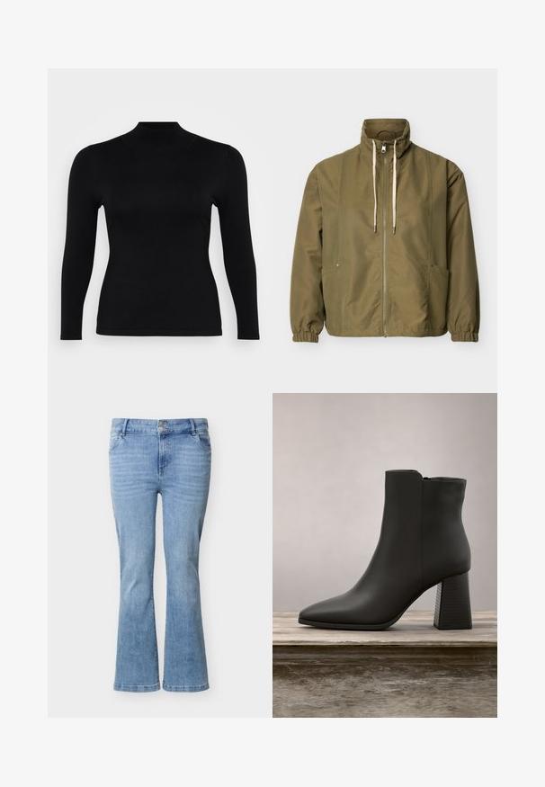 Olivgrüne Reißverschlussjacke mit hohem Kragen, weißen Kordeln, elastischen Bündchen und Seitentaschen auf einem schlichten hellen Hintergrund.; Schwarzes Langarm-Turtleneck-Oberteil aus weichem, glattem Stoff. Schmaler Schnitt mit hohem Kragen und geradem Saum, verfügt über minimale Nähte und keine Muster.; Hellblaue Jeans aus Denim mit ausgestelltem Bein, doppelt knöpfbarem Verschluss, Vordertaschen und dezentem Verblassen an den Oberschenkeln.; Schwarze Leder-Ankle Boots mit spitzer Zehenpartie und Blockabsatz, ausgestattet mit einer strukturierten schwarzen Partie und einer glatten Oberfläche.
