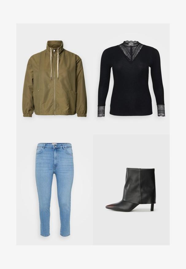 Veste zippée vert olive avec col montant, cordons blancs, poignets élastiques et poches latérales sur un fond clair uni.; Haut noir à manches longues avec une texture côtelée, mettant en valeur des accents en dentelle au niveau de l'encolure et des poignets, avec un design d'encolure en V.; Jeans skinny taille haute bleu clair avec fermeture à bouton et zip, poches avant et arrière, et coupe à la cheville.; Bottine noire en cuir lisse avec un bout pointu et un talon effilé. La tige présente un design légèrement froncé.