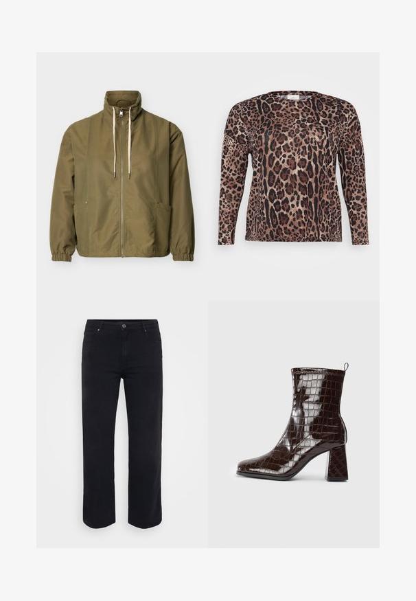 Olivgrüne Reißverschlussjacke mit hohem Kragen, weißen Kordeln, elastischen Bündchen und Seitentaschen auf einem schlichten hellen Hintergrund.; Langärmliges Hemd im Leopardenmuster mit Brauntönen, Schwarz und Beige. Weiche Textur mit lockerer Passform.; Schwarze Denim-Jeans mit einem geraden Bein-Design. Merkmale sind ein Knopfverschluss an der Taille, Gürtelschlaufen und Vorder-/Gesäßtaschen. Glatte Textur.; Dunkelbraune Lackleder-Ankle Boots mit Krokodillederstruktur, Blockabsatz und Zuglasche hinten vor weißem Hintergrund.