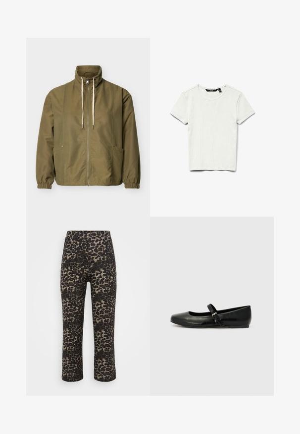 Chaqueta verde oliva con cremallera, cuello alto, cordones blancos, puños elásticos y bolsillos laterales sobre un fondo claro y liso.; Camiseta blanca básica de algodón acanalado, de manga corta y cuello redondo, mostrada plana sobre un fondo blanco.; Pantalones de estampado de leopardo en negro y beige, con corte recto, cinturilla elástica y textura suave.; Bailarinas de cuero negro con punta redondeada, suela plana y una delgada correa ajustable en el empeine que cuenta con una hebilla de metal.