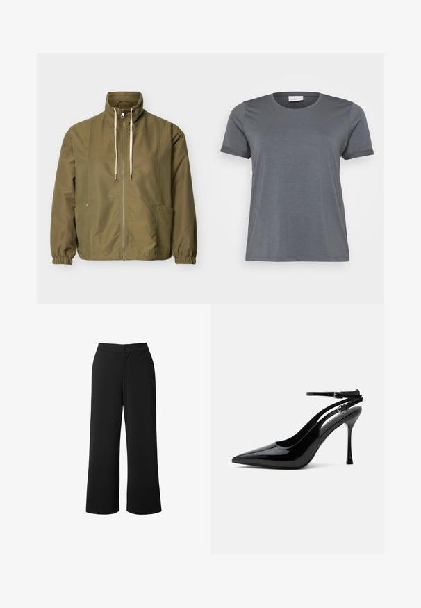 Chaqueta verde oliva con cremallera, cuello alto, cordones blancos, puños elásticos y bolsillos laterales sobre un fondo claro y liso.; Camiseta gris de manga corta hecha de una tela suave, con un clásico escote redondo y mangas enrolladas. Textura lisa sin patrones visibles.; Pantalones de tiro ancho en negro, fabricados en un tejido suave y ligero. Cuentan con un cierre delantero de botón y bolsillos laterales para mayor funcionalidad.; Zapato destalonado de piel de charol negra con tacón alto, punta puntiaguda y doble tirante en el tobillo con hebillas plateadas.