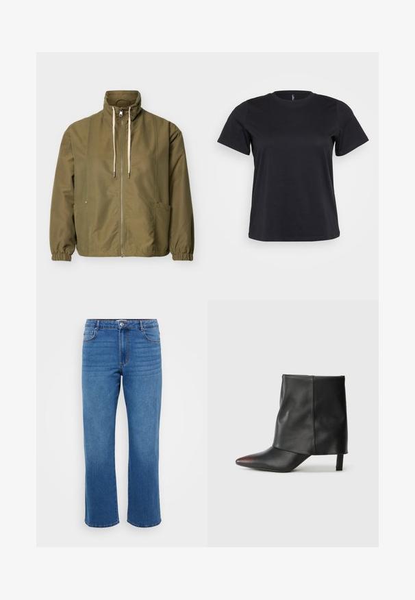 Olivgrüne Reißverschlussjacke mit hohem Kragen, weißen Kordeln, elastischen Bündchen und Seitentaschen auf einem schlichten hellen Hintergrund.; Schwarz Baumwoll-T-Shirt mit kurzen Ärmeln, Rundhalsausschnitt, lockerer Passform und glatter Textur. Keine sichtbaren Grafiken oder Muster.; Blaue Jeans aus Denim mit geradem Beinansatz, ausgestattet mit einem Knopfverschluss, klassischem Fünf-Taschen-Design und subtiler, ausgewaschener Textur an den Oberschenkeln.; Schwarzer Knöchelstiefel aus glattem Leder mit spitzer Zehenpartie und schmalem Absatz. Das Obermaterial zeichnet sich durch ein leicht gerafftes Design aus.