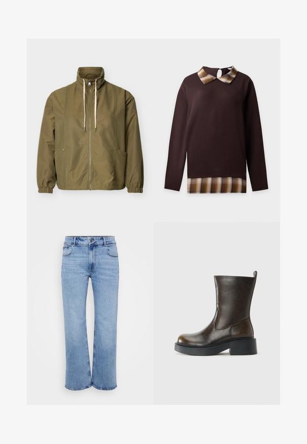 Olivengrøn lynlåstrøje med høj krave, hvide snore, elastiske manchetter og sidelommer på en ensartet lys baggrund.; Langærmet mørkebrun top med beige og brun ternet krave og kantdetalje, nøglehulsknaplukning ved nakken bagpå.; Lysblå vidde jeans lavet af denim, med fem lommer, en frontlynlås og en knaplukning. Subtile syninger langs sømmene.; Mørkebrune læderstøvler til midten af læggen med rund tå, tyk sort sål, lav blokhælel og en trækflap bagpå.