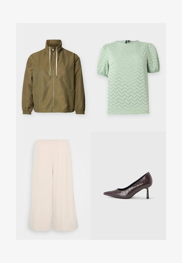 Olivgrüne Reißverschlussjacke mit hohem Kragen, weißen Kordeln, elastischen Bündchen und Seitentaschen auf einem schlichten hellen Hintergrund.; Hellgrüne kurzärmelige Bluse mit Chevron-Ösenmuster und gepufften Ärmeln, rundem Ausschnitt und elastischen Bündchen.; Helle beige Weitbein-Hosen aus weichem, strukturiertem Stoff. Elastischer Bund mit sauberem Abschluss am Saum. Einfaches Design ohne Taschen.; Braune Pumps mit spitz zulaufender Spitze aus Kunstleder in Krokodiloptik, mit schlankem, eckigem Absatz und glatter Innenfütterung.