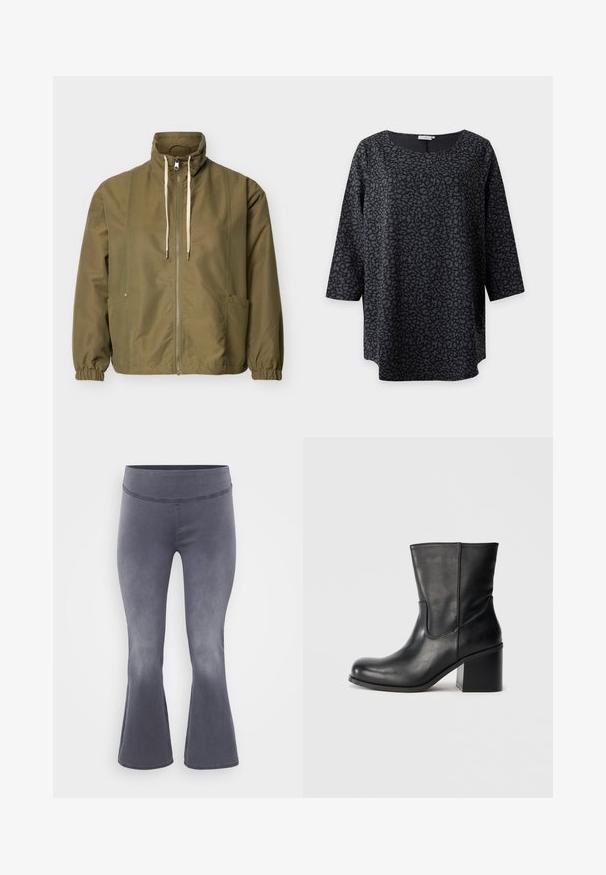 Olivgrüne Reißverschlussjacke mit hohem Kragen, weißen Kordeln, elastischen Bündchen und Seitentaschen auf einem schlichten hellen Hintergrund.; Langärmliges schwarzes Oberteil mit grauem Tierdruckmuster und rundem Halsausschnitt auf einfarbigem Hintergrund gezeigt.; Grau ausgestellte Hosen mit einem breiten Bund. Glattes Material mit leichtem Glanz, das von oben dunkel zu unten heller verläuft.; Schwarzer Leder-Stiefelette mit rundlicher Spitze, Seitennähten und einem massiven Blockabsatz. Glatte Textur und minimalistisches Design.