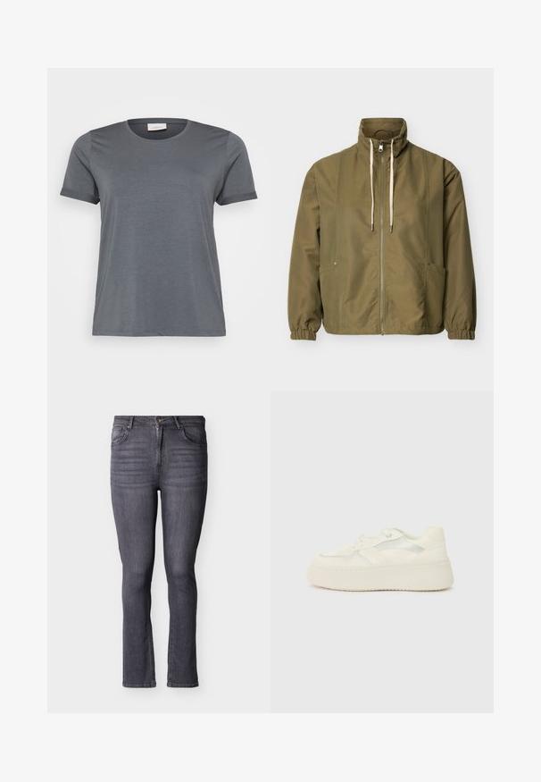Olijfgroene jas met ritssluiting, hoge kraag, witte trekkoorden, elastische manchetten en zijzakken op een effen lichte achtergrond.; Grijze t-shirt met korte mouwen, gemaakt van zachte stof, met een klassieke ronde halslijn en omgeslagen mouwen. Een gladde textuur zonder zichtbare patronen.; Slim-fit grijze spijkerbroek met vijf zakken, een knoop- en ritssluiting aan de voorkant, met subtiele vervaging en stikseldetails.; Witte platform sneakers met een glad lederen bovenwerk, gestikte accenten en metalen zijstrepen. Ronde neus en platte rubberen zool.