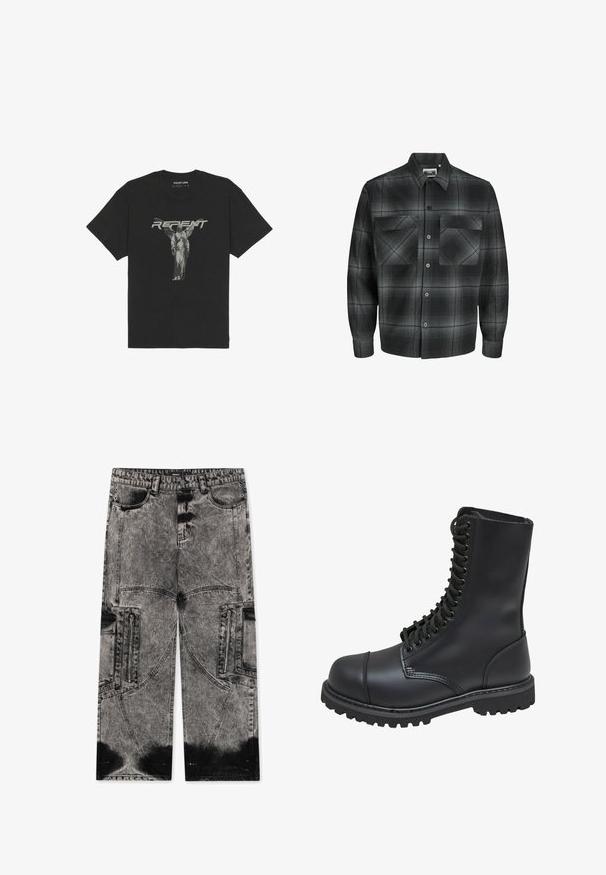 Schwarz-graues Karomuster-Hemd mit Knopfverschluss, spitzem Kragen und zwei Brusttaschen; aus einem weichen Stoff mit strukturiertem Muster gefertigt.; Schwarzes Baumwoll-T-Shirt mit kurzen Ärmeln, auf dem eine frontale Grafik einer Statue und das Wort "BUßE" in fetten grauen Buchstaben zu sehen ist.; FAVELA BIG POCKET - Loose Jeans - black acid washed; Schwarze Lederkampfstiefel mit hohem Schaft, Schnürung an der Vorderseite, gepolstertem Kragen und rutschfester, strukturierter Sohle für guten Halt. Mit verstärkter Zehenkappe.