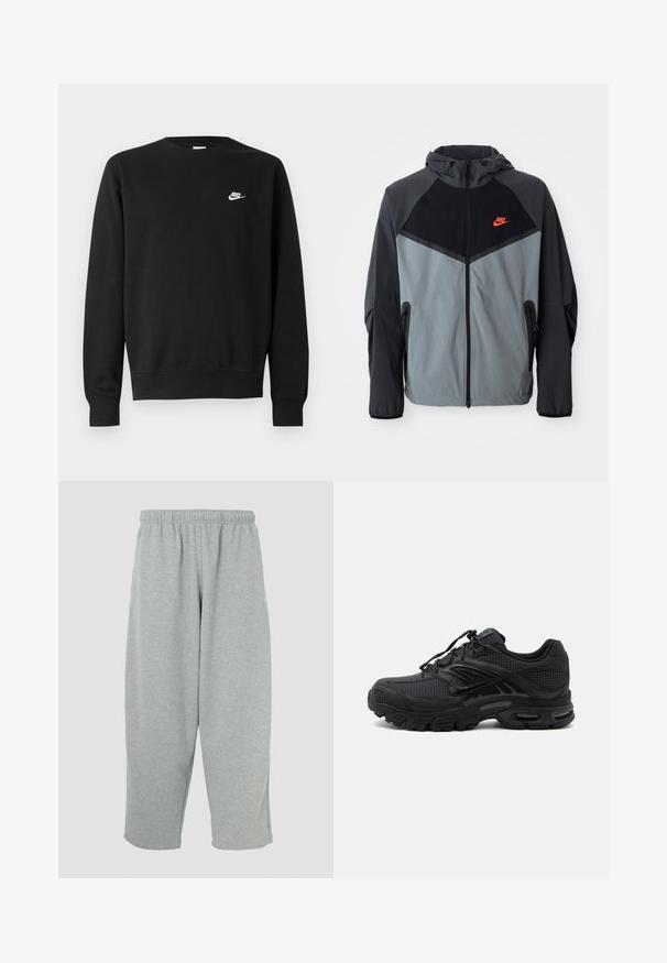 Μπλούζα φούτερ Nike με κουκούλα σε μαύρο και γκρι χρώμα, με γεωμετρικό σχέδιο, τσέπες με φερμουάρ και έντονο κόκκινο λογότυπο στο στήθος.; Μαύρο φούτερ από βαμβάκι, με στρογγυλή λαιμόκοψη, μακριά μανίκια και μικρό λευκό λογότυπο Nike στο αριστερό πάνω μέρος του στήθους.; Ανοιχτό γκρι παντελόνι φόρμας με ελαστική μέση, εφαρμοστή σχεδίαση στα πόδια και απαλή υφή. Χωρίς ορατά λογότυπα ή μοτίβα.; Μαύρο αθλητικό παπούτσι με υφασμάτινη υφή, παχιά μαξιλαρωτή σόλα, αεραγωγούς και κλείσιμο με κορδονάκια, εμφανίζεται από το πλάι σε ανοιχτό φόντο.