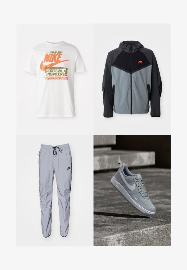 Chaqueta con capucha de Nike que presenta una combinación de colores en negro y gris con un diseño geométrico, bolsillos con cremallera y un destacado logo rojo en el pecho.; Camiseta de algodón blanca con un gran logo naranja de "NIKE" y texto verde que dice "SPORTSWEAR ENGINEERED" junto con especificaciones adicionales.; Pantalones de chándal gris claro, hechos de una tela suave y ligera con acentos negros. Cuentan con una cintura elástica con cordón y bolsillos laterales.; Zapatilla Nike Air Force 1 gris con el logo Swoosh blanco, flotando sobre una superficie de concreto texturizado y con unas escaleras de fondo.