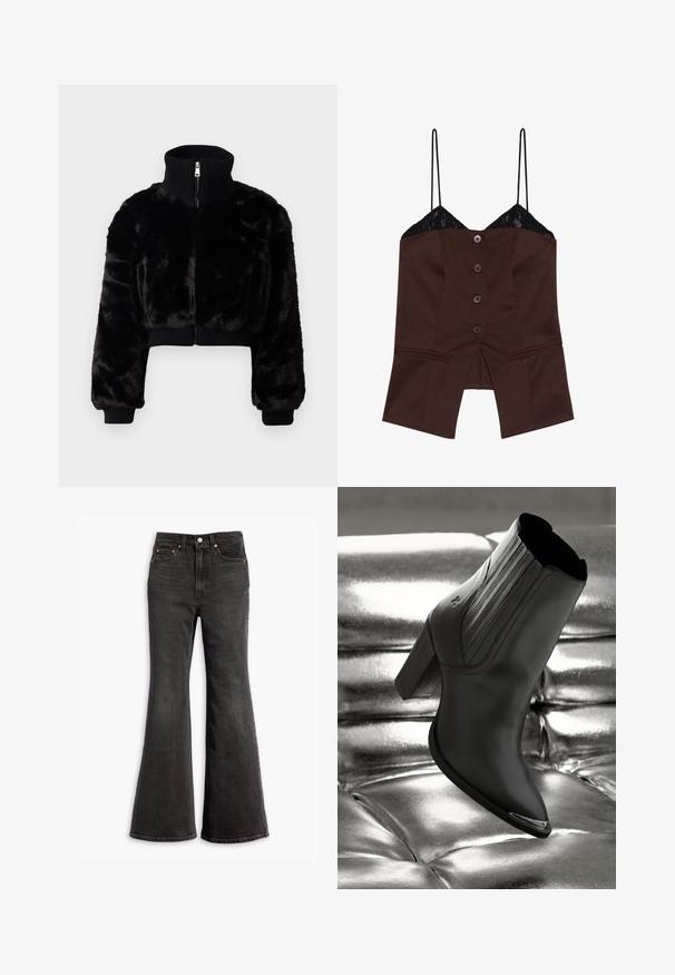 Kort sort faux fur jakke med høj krave, ribbede manchetter og lynlås foran. Har et cropped design og en blød tekstur.; Brun fitted top med blondekant, spaghetti stropper og fem knapper foran; har en split lumme og et skræddersyet design.; Sorte højtaljede denim jeans med flagrende ben, fem-lomme design og kobbernitter.; Sorte læder ankelstøvle med høj hæl, prydet med lodret syning og en skinnende sølvdetalje på tåen, sat på en metallisk baggrund.