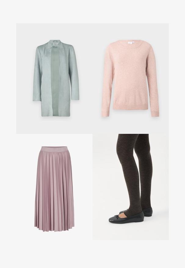 Veste longue à manches longues, vert clair, en matériau doux semblable à du daim, avec une silhouette droite et un panneau central d'une teinte légèrement plus foncée.; Pull léger rose avec un col rond, des manches longues et des bords-côtes à manches et en bas. Fabriqué en tissu doux avec une texture lisse.; Jupe longue plissée en tissu rose pâle, dotée d'une taille élastique. Sa texture lisse et son design fluide mettent en valeur sa forme générale.; Jambes portant des leggings côtelés foncés associés à des ballerines noires avec de petits détails en nœud sur fond blanc.