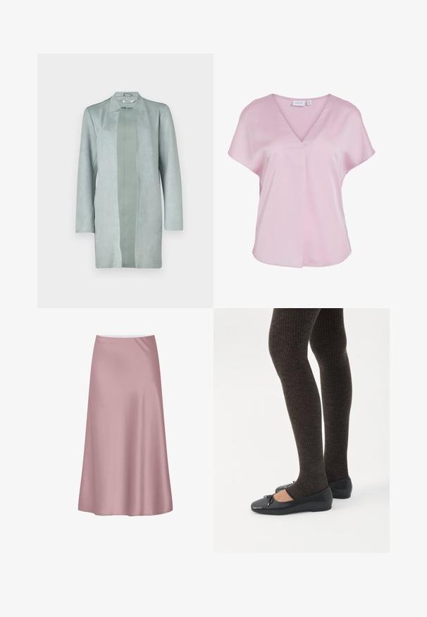 Chaqueta verde claro de manga larga hecha de un material suave similar al ante, con una silueta recta y un panel central de un tono ligeramente más oscuro.; Blusa rosa claro de manga corta con escote en V y corte suelto, hecha de tela suave, con un pequeño detalle de pliegue en la parte delantera.; Falda midi de satén rosa suave con una silueta en línea A y una tela lisa y fluida.; Piernas con leggings oscuros acanalados combinados con bailarinas negras que presentan pequeños detalles de lazo sobre un fondo blanco.