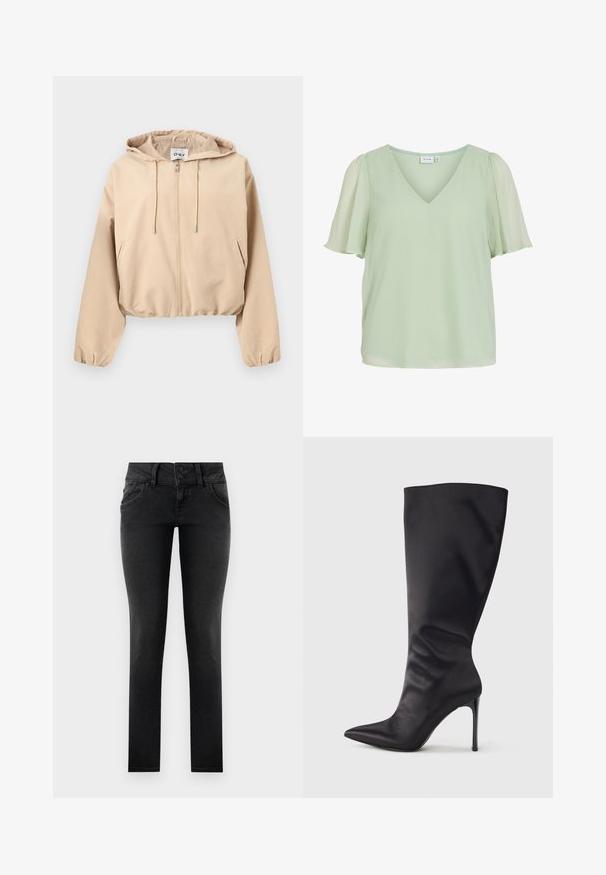 Beige Kapuzenjacke mit Reißverschluss, Kordelzug an der Kapuze, langen Ärmeln, seitlichen Taschen sowie elastischen Bündchen und Saum.; Hellgrüne Damenbluse mit V-Ausschnitt und flatternden Ärmeln aus transparentem Stoff mit leicht strukturierter Oberfläche.; Schwarze, enge Jeans aus Denim mit einem Zwei-Knopf-Bund, Fronttaschen und einer glatten, strukturierten Oberfläche. Standardpassform, durchgehendes Design.; Schwarzer kniehoher Stiletto-Stiefel aus glattem, elegantem Material; spitze Zehe; enganliegend mit subtilen Falten nahe dem Knöchel; glänzender Absatz.