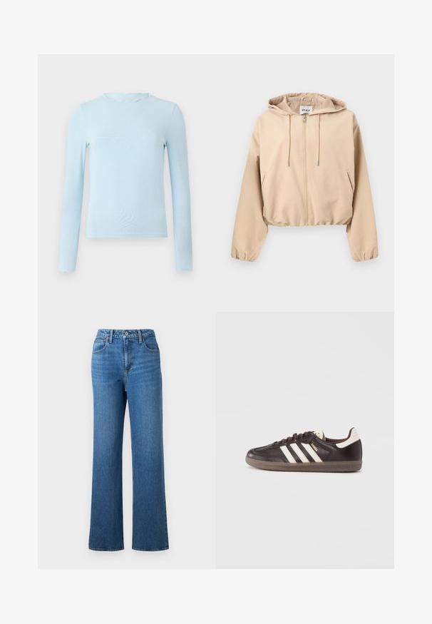 Beige gewatteerde jas met rits en capuchon, trekkoorden, lange mouwen, zijzakken en elastische boorden en zoom.; Lichtblauwe top met lange mouwen, gemaakt van een gladde stof, met een golvende halslijn en een aansluitend ontwerp, rechte zoom en zonder patronen.; Blauwe denim jeans met hoge taille en rechte pijpen, voorzien van voor- en achterzakken, riemlussen en een sluiting met knoop en rits.; Donkerbruine leren sneakers met een wit drie-strepen ontwerp, een rubberen zool en "Samba" in gouden letters aan de zijkant. Klassieke lage schoenvorm.