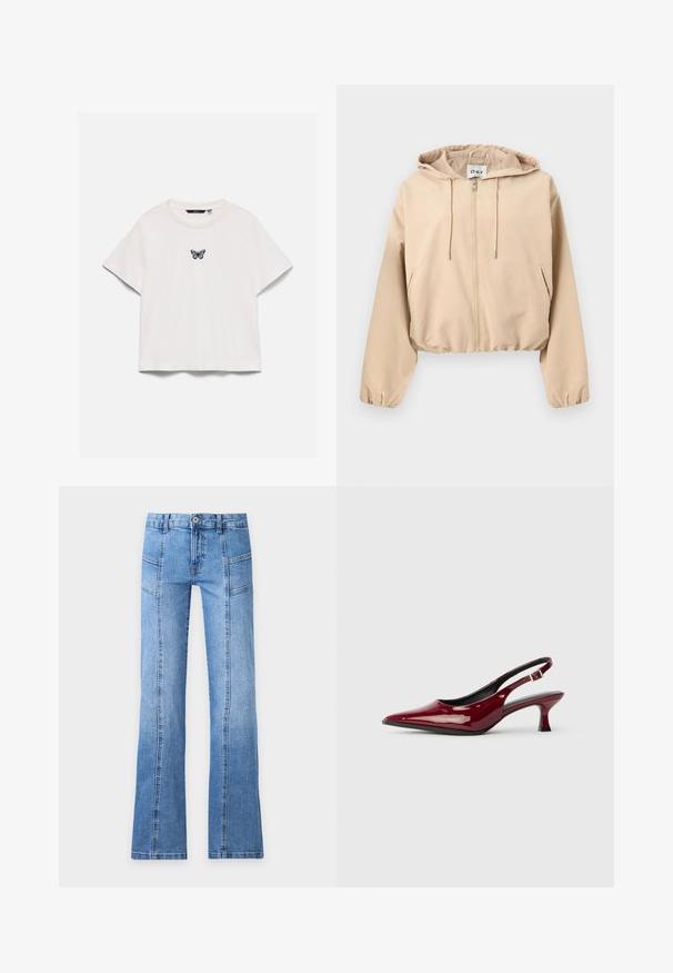 Veste à capuche beige zippée avec cordons de serrage, manches longues, poches latérales, poignets et ourlet élastiques.; T-shirt blanc à manches courtes avec col rond et petit motif papillon violet et noir centré sur la poitrine.; Jean en denim bleu clair avec taille haute, bouton devant, fermeture éclair, détails de coutures et jambes légèrement évasées sur un fond uni.; Escarpins à talons aiguilles en cuir verni bordeaux, avec un bout pointu et un élégant talon stiletto. Design à dos ouvert avec une sangle à la cheville réglable.