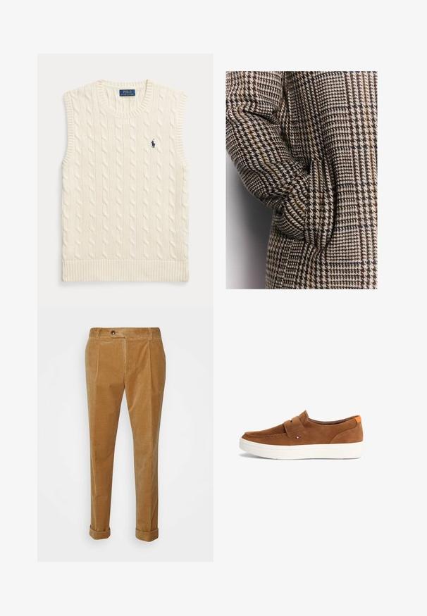 Braun und beige Hahnentrittmuster Mantel aus strukturiertem Stoff, mit lockerer Passform und einer Seitentasche am Ärmel.; Ärmellose Strickweste in cremefarbenem Zopfmuster mit gerippten Rändern und kleinem dunkelblauem Polo Ralph Lauren Logo auf der linken Brust.; BOSS Stoffhose - medium beige; Brauner Veloursleder-Slipper mit weißer Gummisohle, gesteppten Details und einer orangefarbenen Lasche an der Ferse.