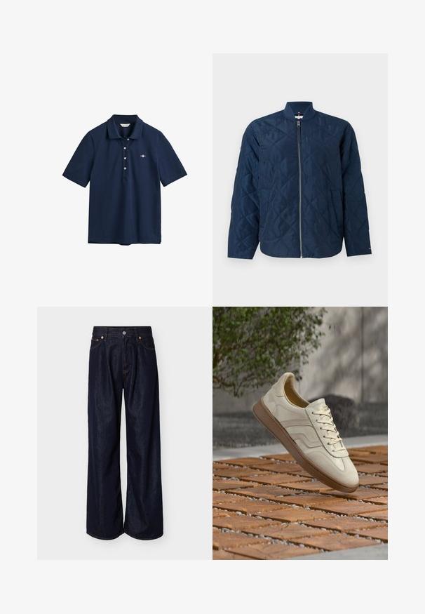 Veste matelassée bleu marine avec fermeture éclair et col côtelé, confectionnée en tissu lisse, avec des détails de logo discrets et des poches latérales.; Polo bleu marine en coton, avec un col classique, une patte de boutonnage à trois boutons et un petit logo brodé sur la poitrine.; Jean en denim bleu foncé à jambes larges avec bouton sur le devant et design à cinq poches sur un fond clair uni.; Baskets couleur crème avec une semelle extérieure en caoutchouc beige texturée, un design à lacets et un marquage subtil sur le côté. Tige en cuir lisse.