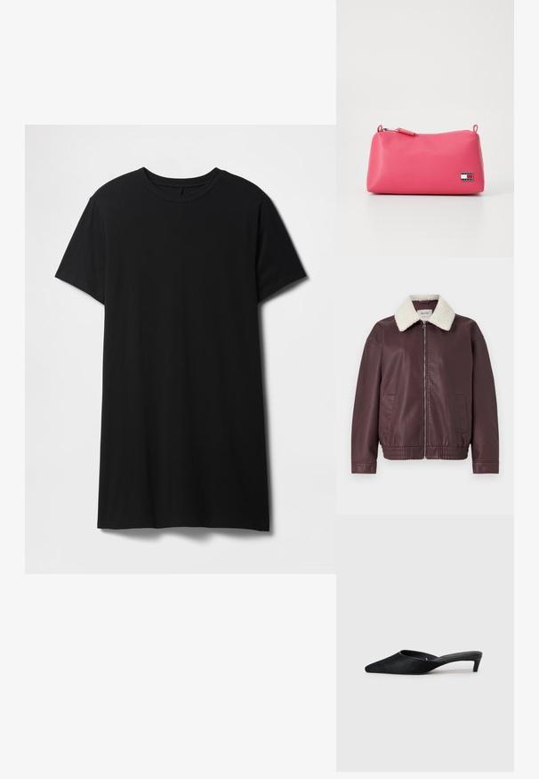 Bordeaux faux læderjakke med en cremet pelskrave, frontlynlås og sidelommer; har elastisk kant og manchetter.; Sort kortærmet t-shirt lavet af bomuld, med klassisk rund halsudskæring og en lige kant, med en glat, mat tekstur.; Sorte suedeslippers med spids tå og lav hæl. Har en glat tekstur og åben ryg for nem påklædning. Simpelt design uden mønstre.; Lyserød, glat syntetisk taske med lynlåslukning og et lille logo-plaketter. Har afrundede kanter og en kompakt rektangulær form.