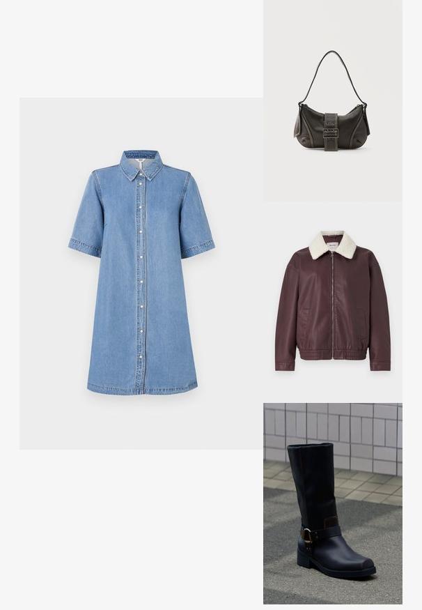 Bordeaux faux læderjakke med en cremet pelskrave, frontlynlås og sidelommer; har elastisk kant og manchetter.; Denim skjortekjole, lyseblå, kortærmet, krave, knaplukning foran, knælang, syning detaljer på ærmerne, afslappet pasform.; Sort midt på læggen læderstøvle med lav hæl og dekorativ rem med metalspænde, stående på en grå belagt overflade nær en flisevæg.; Sort læder skuldertaske med spænde på remmen, afrundede kanter og kontrasterende hvide syninger på en ensfarvet baggrund.