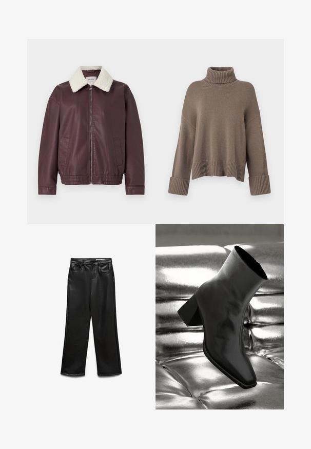Bordo nepleer jas met een crèmekleurige schapenvachtkraag, front rits en zijzakken; heeft een elastische zoom en manchetten.; Taupe losvallend ribgebreid trui met brede manchetten en een dikke opgerolde turtle neck kraag.; Zwarte wijde broek van imitatieleer met voorzakken, riemlussen en subtiele glans. Soepele textuur en nauwsluitende pasvorm.; Zwarte enkellaarsjes van glanzend materiaal met een vierkante neus en taps toelopende hak, afgezet tegen een glanzende zilveren gecapitonneerde achtergrond.