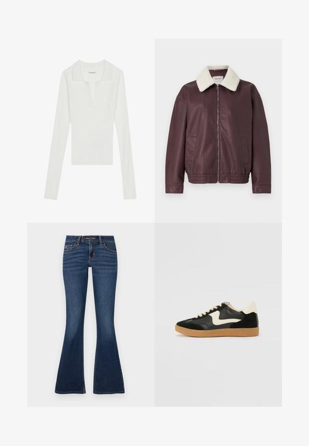 Chaqueta de cuero sintético burdeos con cuello de borrego crema, cremallera frontal y bolsillos laterales; cuenta con dobladillo y puños elásticos.; Camisa polo de manga larga blanca con cuello en V y cuello en contraste, que presenta un diseño ajustado y una textura suave.; Jeans acampanados en denim azul oscuro, con un diseño clásico de cinco bolsillos, costuras en contraste y cierre frontal con cremallera y botón.; Zapatillas de deporte de ante y cuero negro con un swoosh lateral en crema y un talón en crema claro. Presenta cordones beige y una suela de goma marrón.