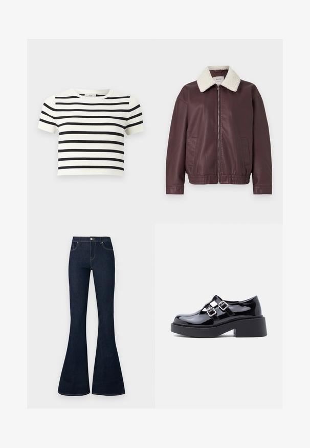 Bordo nepleer jas met een crèmekleurige schapenvachtkraag, front rits en zijzakken; heeft een elastische zoom en manchetten.; Witte cropped top met korte mouwen, horizontale zwarte strepen en een ronde hals.; Donkerblauwe hoge taille denim jeans met uitlopende pijpen, vooraan met knoop en rits, en een vijf-vakken ontwerp.; Zwarte plateauplatformschoenen van lakleer met brede hak, open design en twee zilveren gespen over de wreef. Platte rubberen zool.
