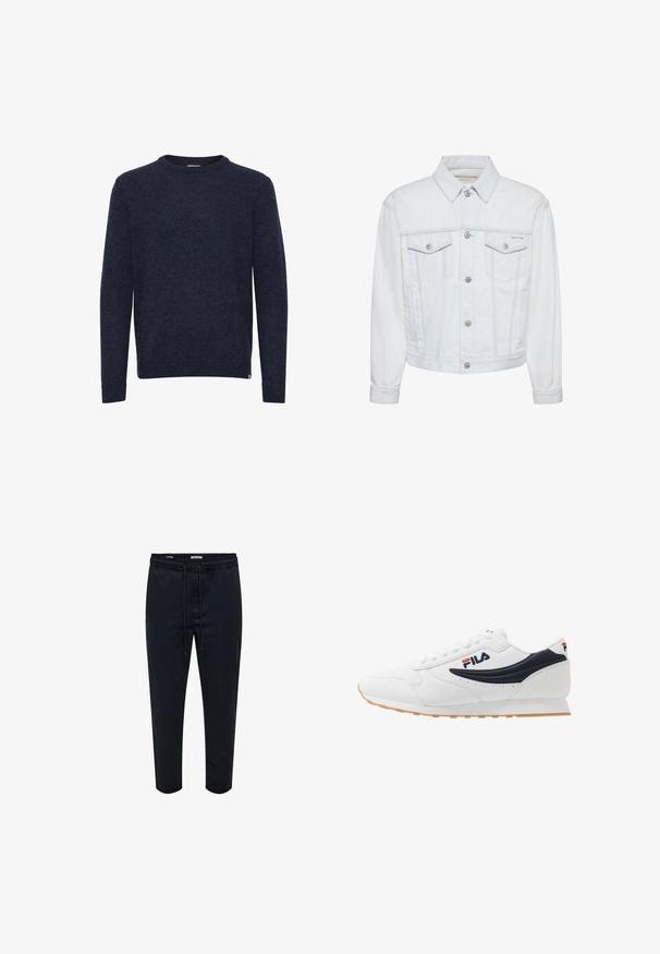 Chaqueta de mezclilla blanca con bolsillos con solapa en el pecho, cierre frontal con botones, cuello y pequeño logo de Calvin Klein en el bolsillo izquierdo del pecho.; Jersey azul oscuro de manga larga y cuello redondo, diseño liso, sin patrones ni logotipos visibles, mostrado sobre un fondo blanco.; Pantalones jogger negros hechos de tela suave, con una cintura elástica con cordón y diseño de pierna cónica. Sin patrones ni detalles visibles.; Zapatilla blanca con acentos en azul marino, material similar al cuero, diseño de cordones, logo prominente, con una suela de goma texturizada y detalles perforados.