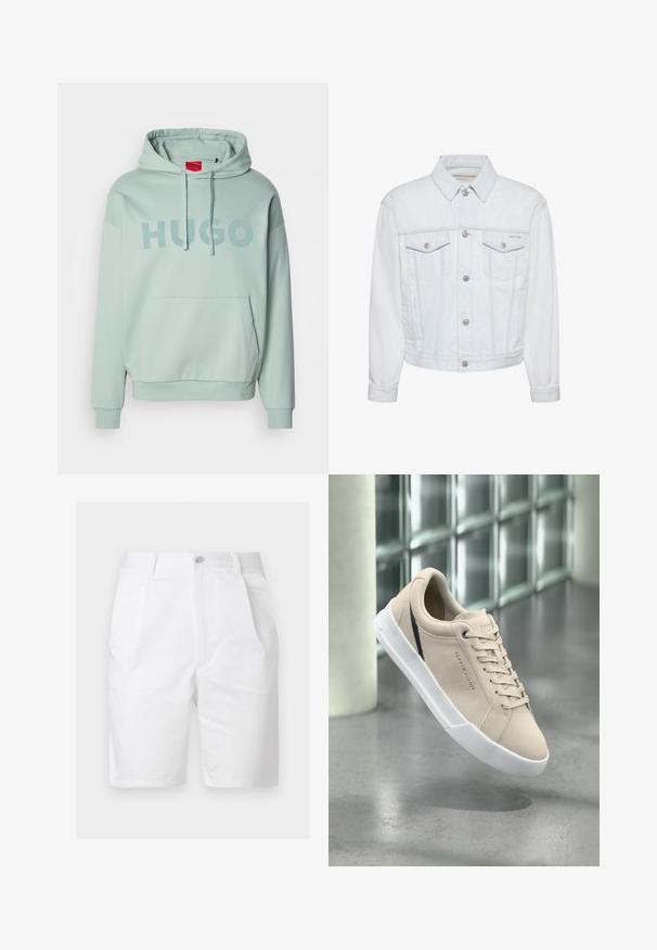 Witte spijkerjas met klepzakken op de borst, knoopsluiting aan de voorkant, kraag en klein Calvin Klein-logo op het linkerborstzakje.; Lichte groene pullover hoodie met een voorste kangoeroezak, een capuchon met trekkoorden en "HUGO" in grote letters op de borst gedrukt.; Witte knielange shorts met voorplooien, zijzakken, riemlussen en een knoopsluiting in de tailleband.; Beige lage sneaker met witte zool, veters en subtiele branding, zwevend weergegeven boven een gepolijste betonnen vloer bij een glazen blokmuur.