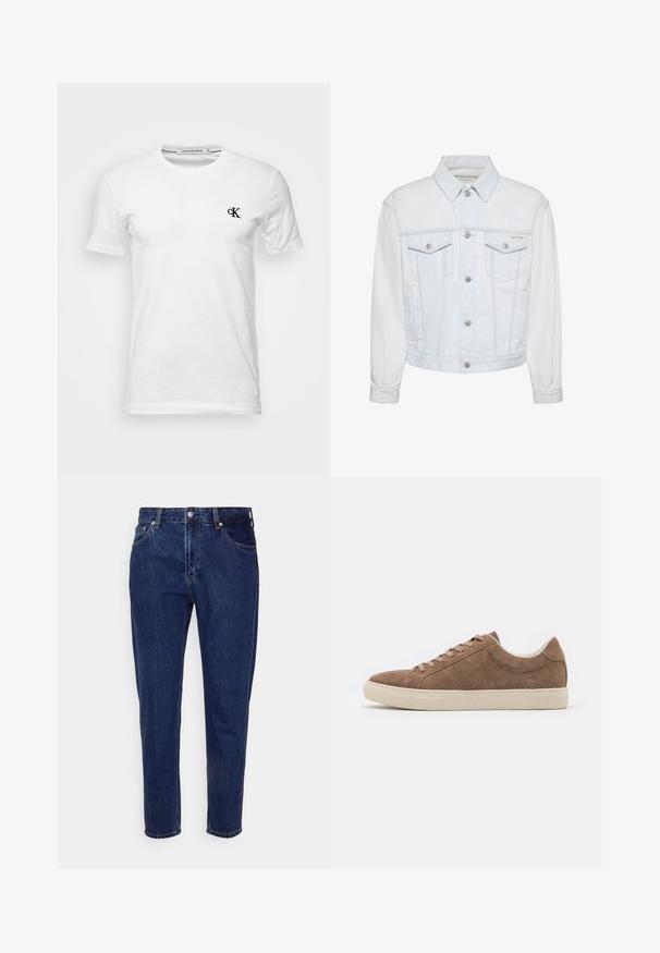 Weiße Denim-Jacke mit aufgesetzten Taschen auf der Brust, vorderer Knopfverschluss, Kragen und kleinem Calvin Klein Logo auf der linken Brusttasche.; Weißes T-Shirt mit kurzen Ärmeln und Rundhalsausschnitt mit kleinem schwarzem "CK"-Logo auf der linken Brust, Marke Calvin Klein Jeans, Größe Medium.; Dunkelblaue Jeans mit geradem Bein, vorderer Knopf- und Reißverschluss, Gürtelschlaufen sowie Vorder- und Gesäßtaschen.; Braune Wildleder-Sneaker für die Freizeit mit niedrigem Profil, flacher beige Gummisohle und sechs Schnürlöchern. Abgerundete Zehenform und minimalistisches Design.