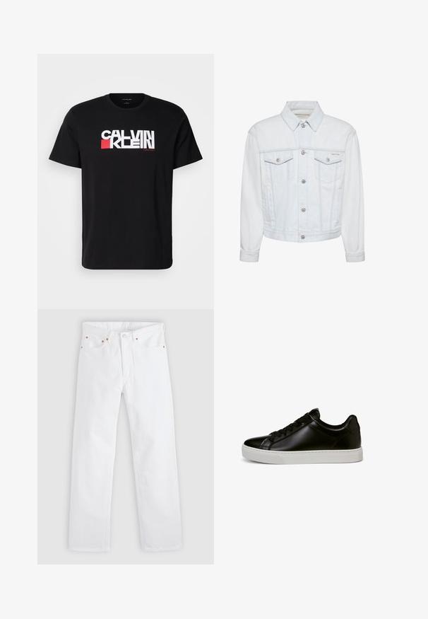 Weiße Denim-Jacke mit aufgesetzten Taschen auf der Brust, vorderer Knopfverschluss, Kragen und kleinem Calvin Klein Logo auf der linken Brusttasche.; Schwarzes Baumwoll-T-Shirt mit auffälligem weißen und roten "CALVIN KLEIN"-Logo über der Brust. Kurzarm- und Rundhalsausschnitt-Design.; Weiße Jeans mit geradem Bein, Fünf-Taschen-Design, Knopf- und Reißverschlussverschluss sowie Kupfernieten-Details an den Taschen.; Schwarzer Low-Top-Ledersneaker mit schwarzen Schnürsenkeln und dicker weißer Gummisohle, Seitenansicht vor weißem Hintergrund.