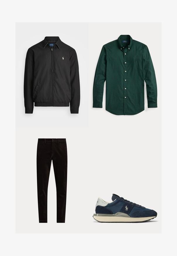 Schwarze Bomberjacke aus glattem Material mit Frontreißverschluss, elastischen Bündchen, seitlichen Taschen und einem kleinen gestickten Logo auf der Brust.; Grünes und marineblaues karierter Hemd mit einem Kentkragen, langen Ärmeln und weißen Knöpfen. Verfügt über ein kleines gesticktes Logo auf der Brust.; Schwarze Slim-Fit-Cordhosen mit Knopf- und Reißverschluss, Gürtelschlaufen und schlichtem Vorderdesign auf weißem Hintergrund.; Marineblauer und weißer Sneaker mit Velours- und Stoffeinsätzen, weißem Logo an der Seite, weißem Fersenlaschen und beiger Sohle mit schwarzer Laufsohle.