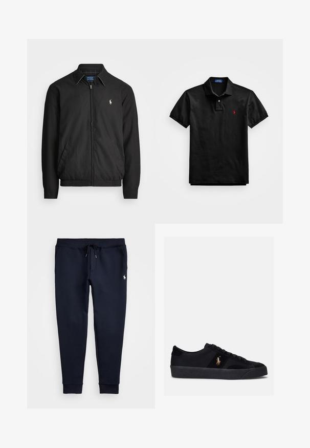 Must musta jakk, mis on valmistatud siledast materjalist. Selles on ettepoole tõmmatav tõmblukk, elastsed mansetid, küljetaskud ja rindkere peal väike tikandiga logo.; Musthave musta polo särk, mis on valmistatud puuvillast, klassikalise kraega, kahe nupuga, lühikeste varrukatega ning väikese punase brodeeritud logoga rinnal.; Tumesinised spordipüksid nööriga vöökoha, elastsete sääreotste ja väikese valge logo detailiga vasakul reiel. Pehme kangatekstuur.; Mustavad tossud, mille pealsel on kangas ja nahaefekt, ümar varvas, lame kummist tald ja tikitud logo küljel. Sidumisdisain kuue silmadega.
